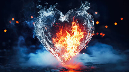 flame flares up in an icy heart, a heart on a dark background is shrouded in a misty haze, a creative picture for Valentine's day - obrazy, fototapety, plakaty