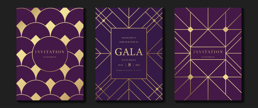 Luxury invitation card background vector. Elegant classic antique design, gold lines gradient on purple background. Premium design illustration for gala card, grand opening, art deco.