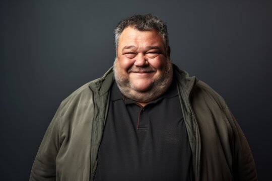 A cheerful Caucasian man with obesity, showcasing positivity and confidence in a studio portrait.