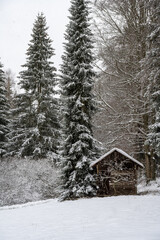 Winterlandschaft, schneebedeckt - alte hölzerne Blockhütte mit Schneefall