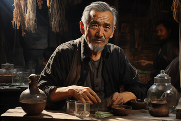 elderly asian man in a traditional chinese tea house or herbal and drug store