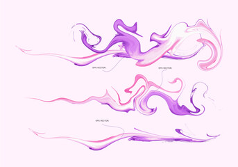 Purple cartoon smoke clouds. Comic smoke flows, dust, smog and smoke steaming cloud silhouettes isolated vector illustration set. Abstract Purple and pink swirl wave background