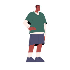 African american people standing. Young black man in casual outfit posing: hand on his hip. Happy guy in oversize look. Modern urban fashion. Flat isolated vector illustration on white background