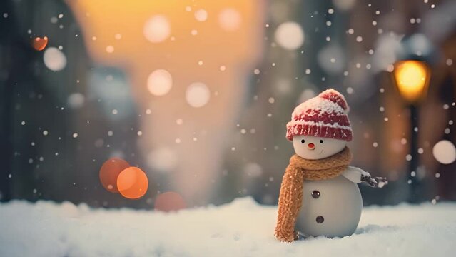 Snow falling Merry christmas and happy new year greeting card with copy space.Happy snowman standing in christmas landscape.Snow background.Winter fairytale. space for text