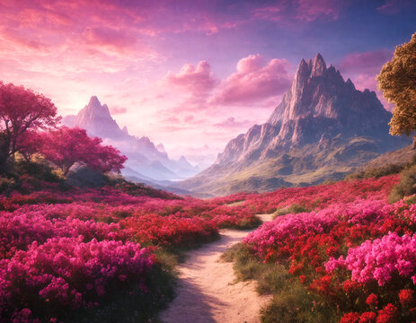Landscape image of a path winding through a field of pink flowers with mountains in the background. Fantasy themed with a dreamlike mood.