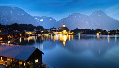 Fototapeta premium Hallstat on the Lake at Night