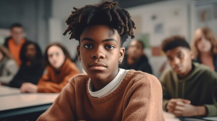 Alone at a table in a classroom, a teenage boy's eyes reflect a profound sense of sadness as he stares into the camera. - obrazy, fototapety, plakaty