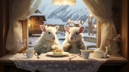 Two cute white mouse sitting at the breakfast table, charming mice together at Christmas morning in front of a window with solemn snow landscape in background - obrazy, fototapety, plakaty