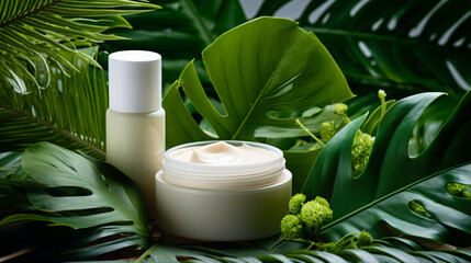 Obraz na płótnie Canvas Natural cosmetic products with green leaves