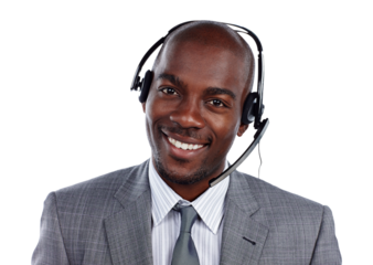 Call center, portrait and black man with smile for customer service, IT support and CRM questions isolated on transparent png background. Telemarketing salesman, telecom and microphone for consulting