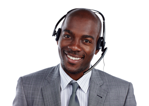Call center, portrait and black man with smile for customer service, IT support and CRM questions isolated on transparent png background. Telemarketing salesman, telecom and microphone for consulting