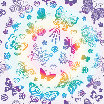 Vector seamless colorful pattern with many butterflies and hearts on the white background