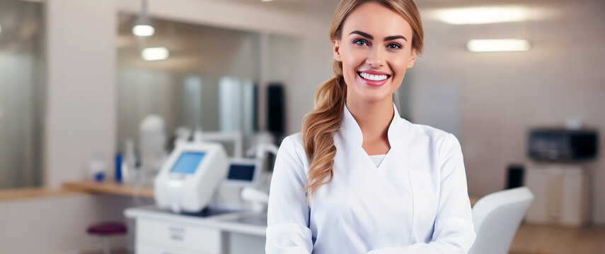 A beautiful female dentist smiling at the camera while standing at a dental clinic room. Wide scale image useful for web banners.