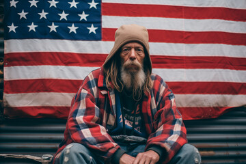 a typical, stereotypical American citizen, background with the colors of the American flag