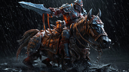 Chaos  knight  ridding  beast  firing  sword  rain  - obrazy, fototapety, plakaty