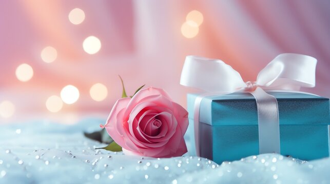 Pink rose and a blue gift box with white bow. Happy Valentine's Day greeting card concept. AI generated image