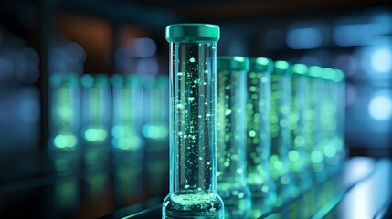 Futuristic Laboratory Elegance: Glowing Test Tubes Line the Shelves in Scientific Innovation Hub - obrazy, fototapety, plakaty