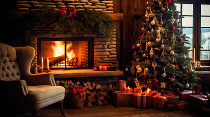 Christmas cozy interior with holiday boxes, tree and fireplace