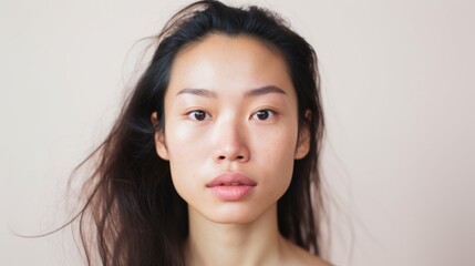 The camera captures the real features and imperfections of an Asian woman's face.