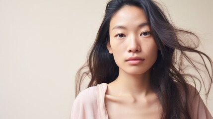 Fototapeta premium Imperfect skin adds authenticity to the closeup portrait of an Asian woman.