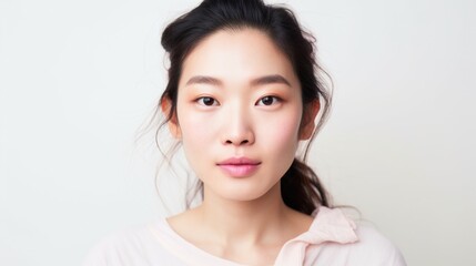 Fototapeta premium Asian woman, closeup, imperfect skin, eye contact.