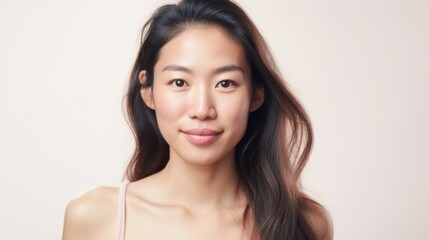 Imperfect skin adds depth and character to the closeup portrait of an Asian woman.