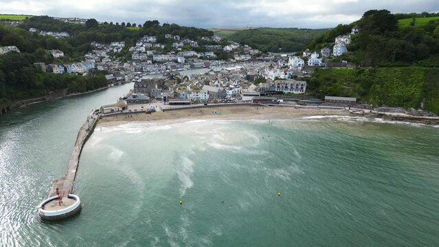 Aerial view of Looe, coastal town in Cornwall in England, United Kingdom