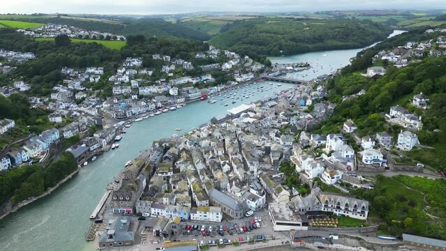 Drone view of Looe, coastal town in Cornwall in England, United Kingdom