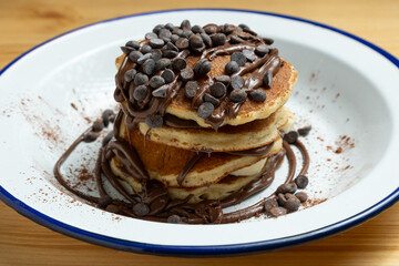 Chocolate chip pancakes and banana breakfast