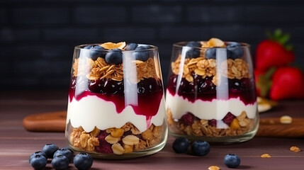 Parfait with blueberry granola and jam in glass