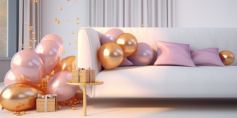 Poster mockup interior living room Valentine's Day decoration with balloons. Festive interior