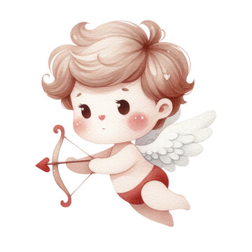Cartoon angels with hearts gifts and cupid arrows. Valentine cupids collection rainbow and love balloon clipart