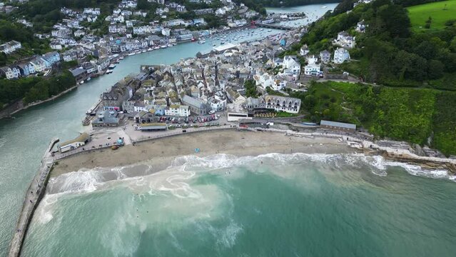 Aerial footage of Looe, coastal town in Cornwall in England, United Kingdom