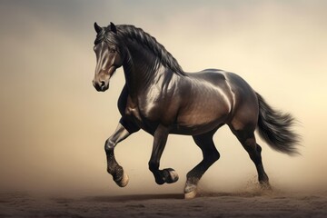 Black horse prancing. Handsome noble stallion with long mane galloping. Generate AI