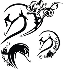 profile swan bird head and rose flower black and white vector outline
