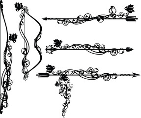 fantasy archer bow and arrows with rose flowers and sitting bird black and white vector design set