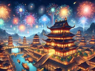 Lunar New Year imagery of a fantasy Chinese castle beneath colorful Spring Festival fireworks at night.