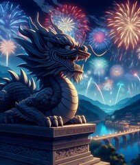 Lunar New Year imagery of a fantasy Chinese dragon statue against colorful Spring Festival fireworks at night. - obrazy, fototapety, plakaty