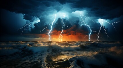 Majestic Thunderstorm at Sea, Lightning Strikes, Dark Clouds, Fiery Sunset, Ocean's Fury Unleashed