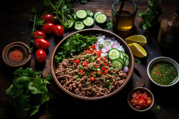 Larb Salad surrounded by its ingredients on wooden table shoot from above.