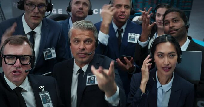 Historical Stock Exchange Depiction of an Open Trading Floor Pit with Diverse Group of Traders Executing Buy and Sell Stock Orders with Hand Signals and Verbal Communication with Their Brokers