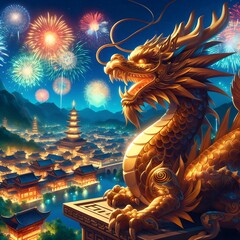 Lunar New Year imagery of a golden Chinese dragon statue against colorful Spring Festival fireworks at night. - obrazy, fototapety, plakaty
