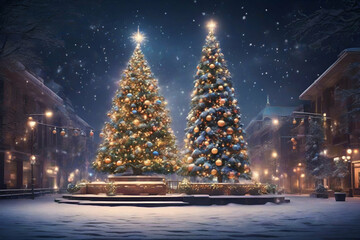 Christmas Tree with decorations and Illuminations in snowy night