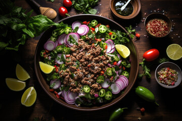 Larb Salad surrounded by its ingredients on wooden table shoot from above.