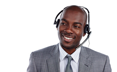 Call center, man and smile for thinking, customer service and CRM questions isolated on transparent png background. African salesman, IT consultant and microphone for telecom help, contact and advice