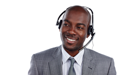 Call center, man and smile for thinking, customer service and CRM questions isolated on transparent png background. African salesman, IT consultant and microphone for telecom help, contact and advice