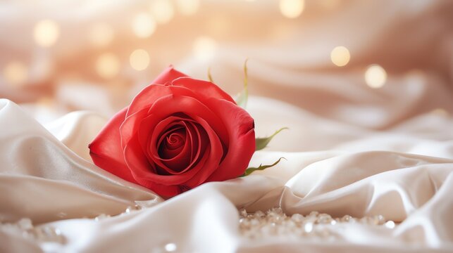 Red rose on the silk bedsheet. Happy Valentine's Day greeting card concept. AI generated image