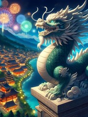 Lunar New Year imagery of a jade Chinese dragon statue against colorful Spring Festival fireworks at night.