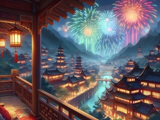 Porch view of a fantasy Chinese town beneath colorful Spring Festival fireworks at night. Lunar New Year imagery.