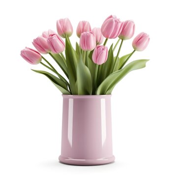 A pink vase filled with pink tulips on a white background